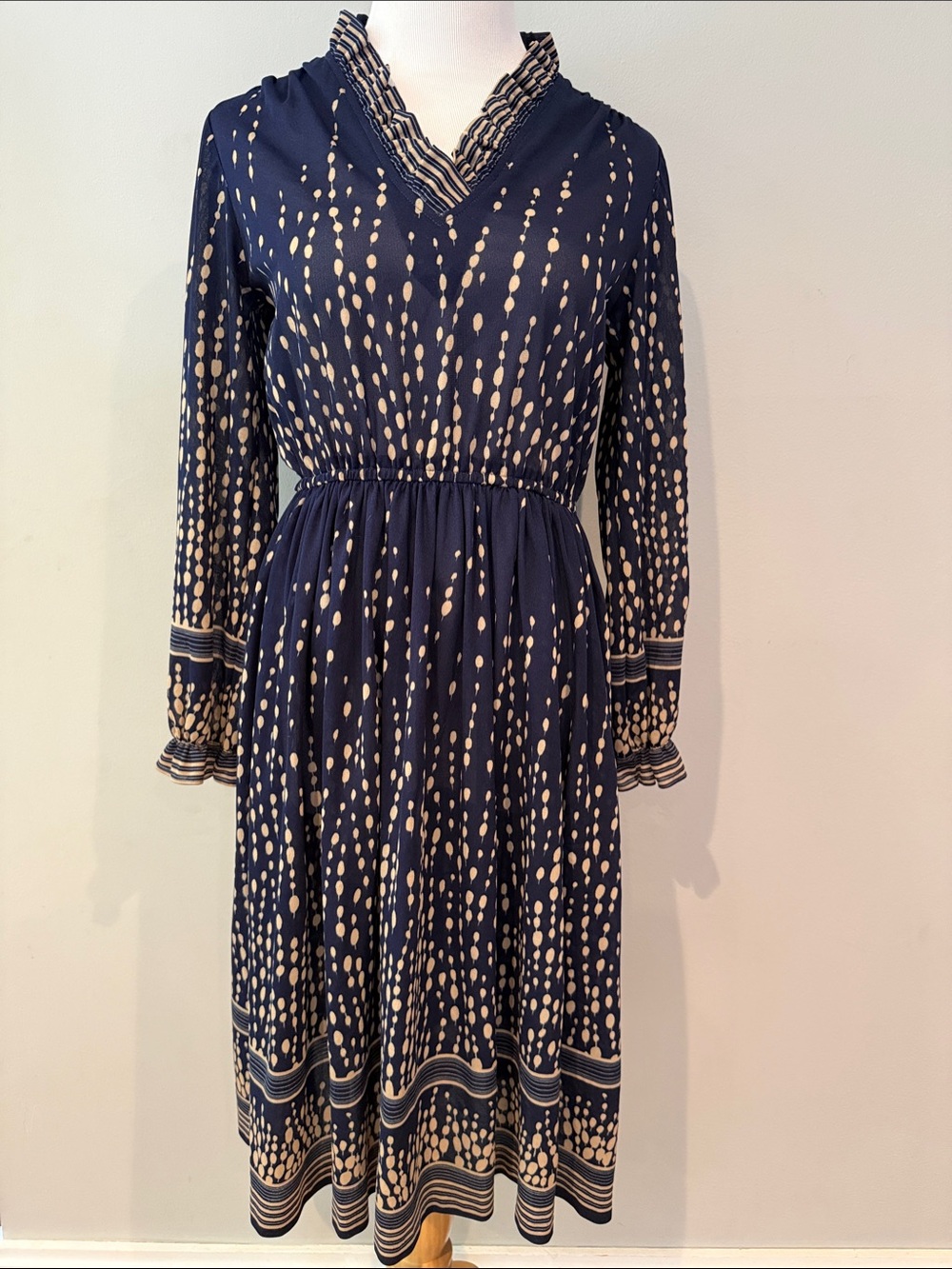 Vintage Navy and Cream Long-Sleeve V-Neck Midi Dress